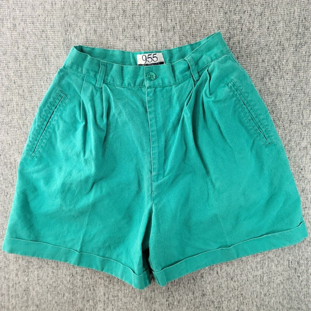 Vintage 955 Originals Pleated Shorts Womens 7/8 Green High Rise Ramie Cotton 5”